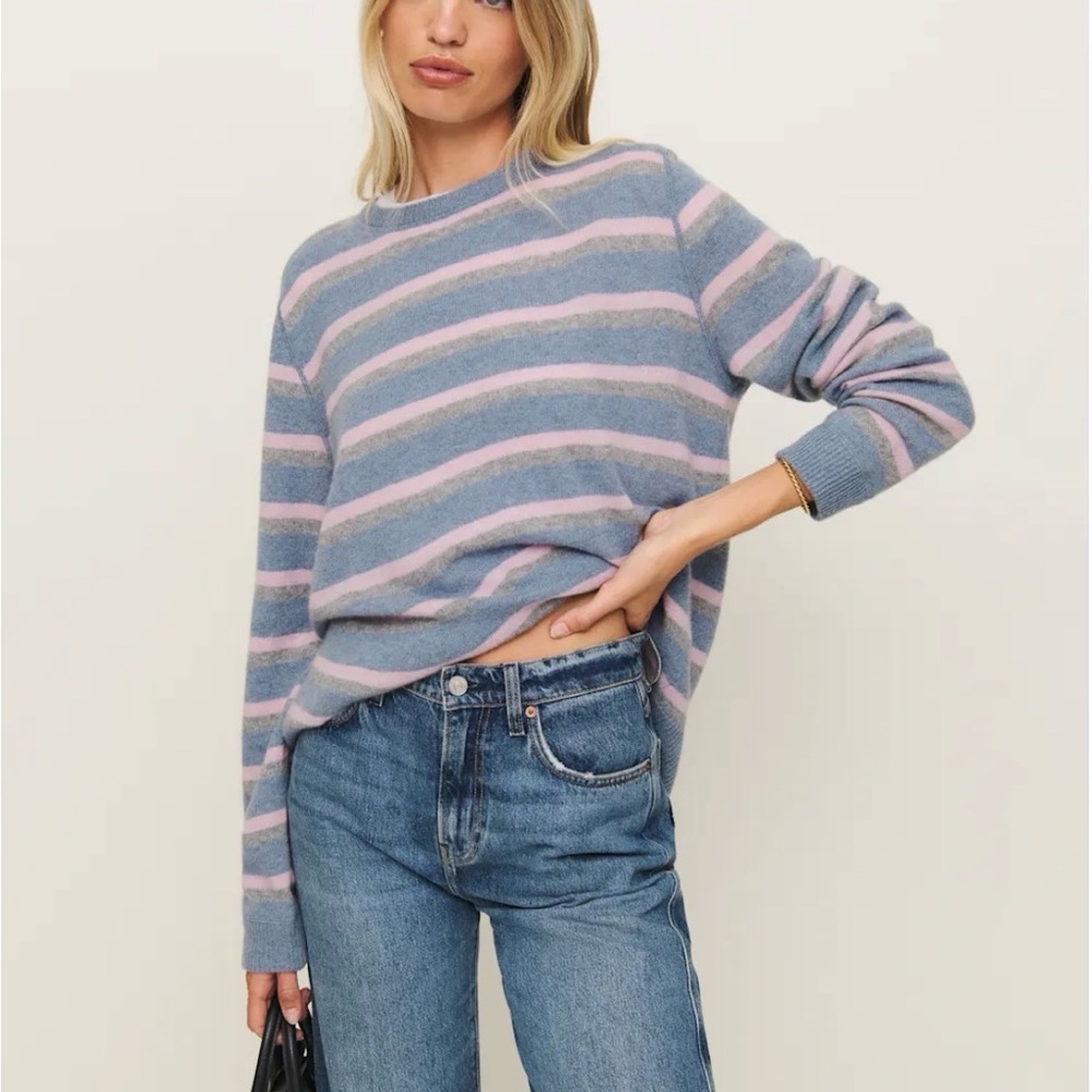 Reformation Cashmere Boyfriend Sweater in Slate Blue Multi Stripe size Small